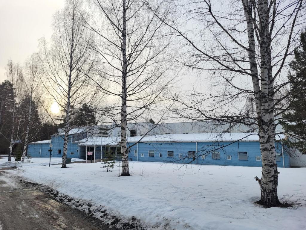 ein blaues Gebäude mit Bäumen im Schnee in der Unterkunft Särkkä in Äänekoski