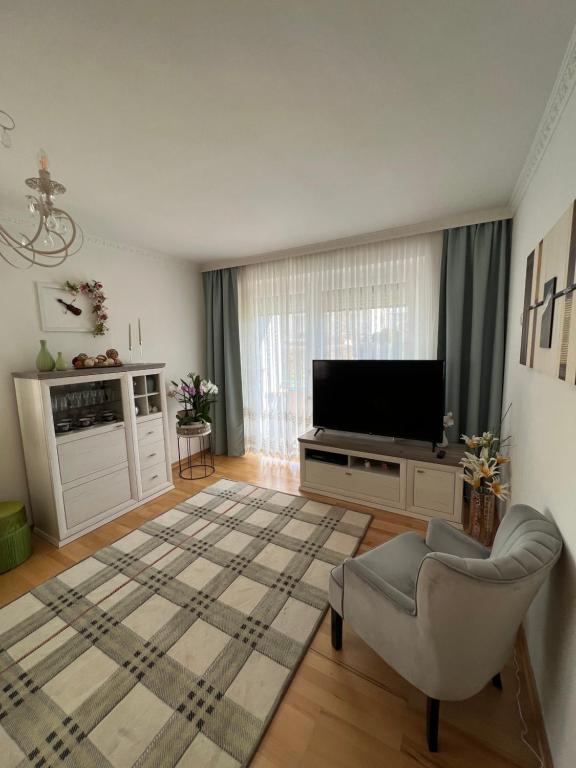 a living room with a television and a chair and a rug at Apartament Acasa in Spielberg