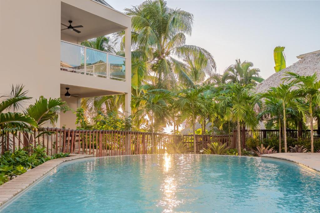 a swimming pool in front of a house with palm trees at Hotel ILOMA Corail Residence in Sainte-Luce