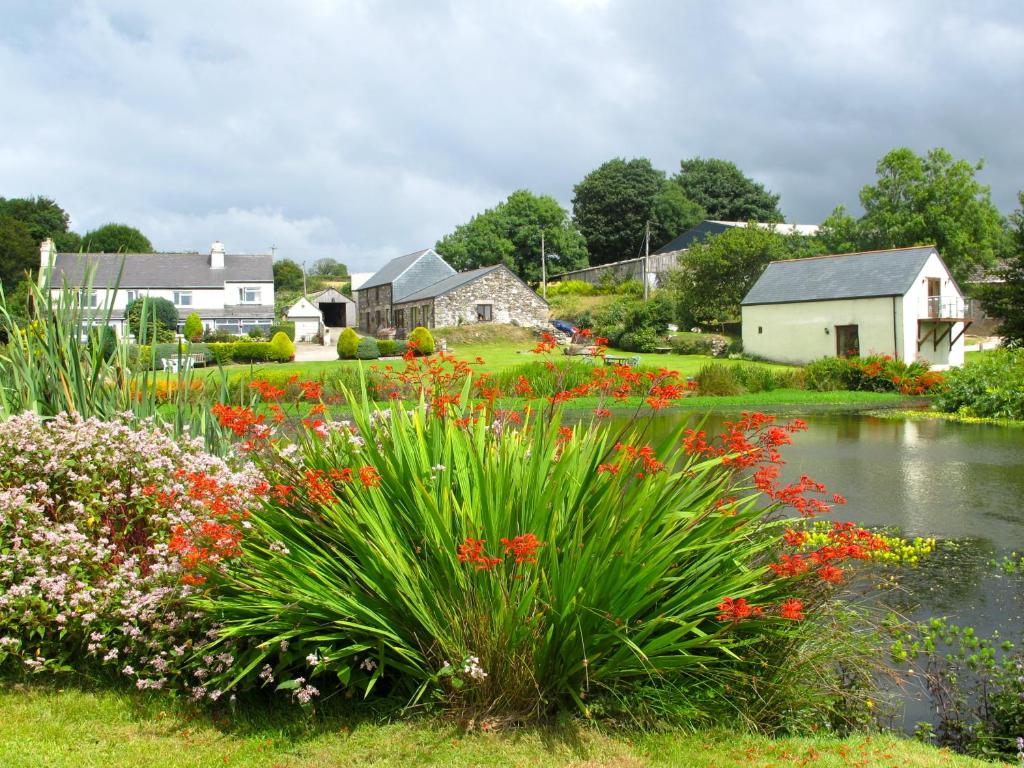 een tuin met bloemen en een vijver bij Polhilsa Farm in Callington