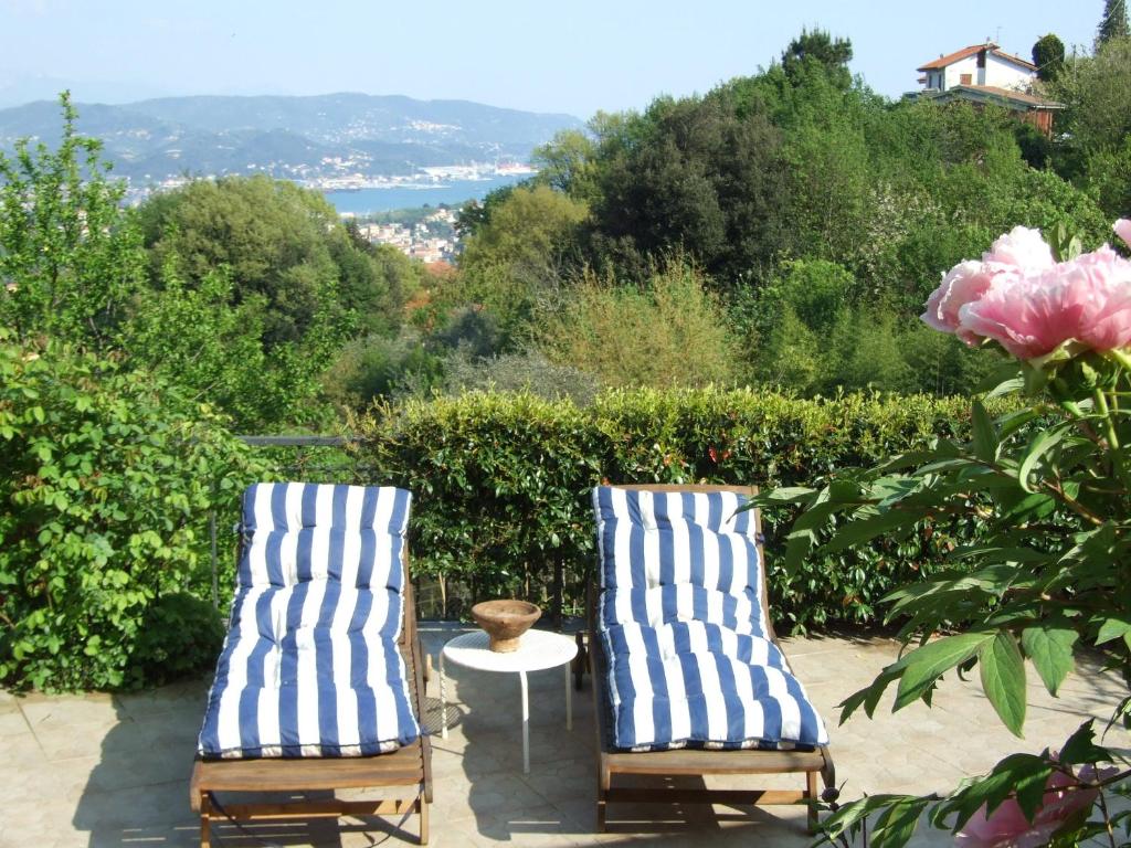 2 chaises bleues et blanches, une table et des fleurs dans l'établissement Lo Chalet sul Golfo, à La Spezia