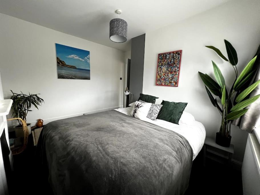 1 dormitorio con 1 cama y una maceta en Warm and cosy city centre home near train station, en Chichester