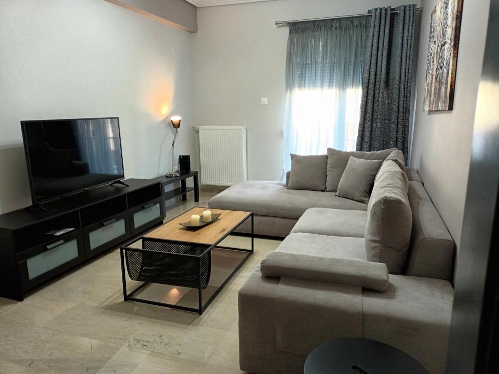 a living room with a couch and a tv at Georgia Apartment in Volos