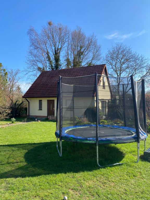 a trampoline in a yard in front of a house at Nordwind Sjut in Warnow