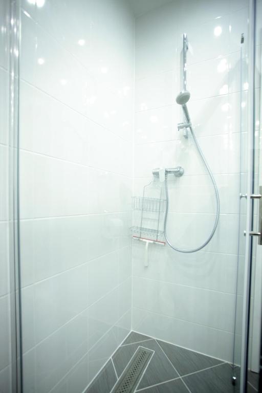 łazienka z prysznicem z głowicą prysznicową w obiekcie Bonus Apartments w Zagrzebiu