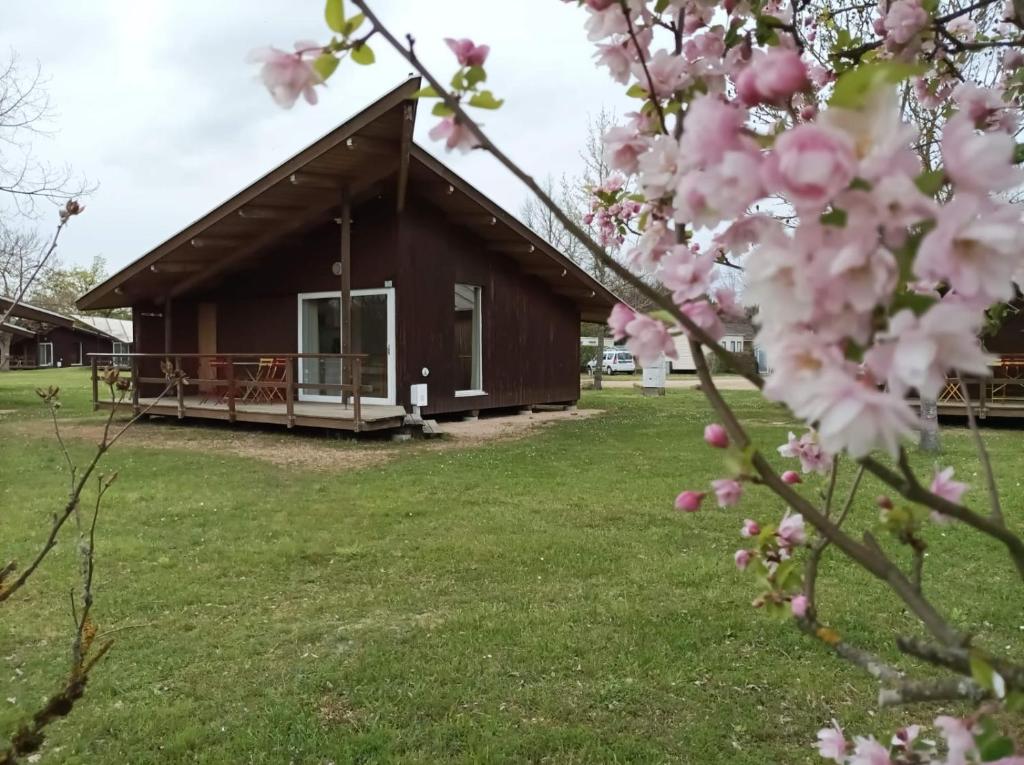 a log cabin with pink flowers in front of it at CAMPING DE LA CHALARONNE in Saint-Didier-sur-Chalaronne