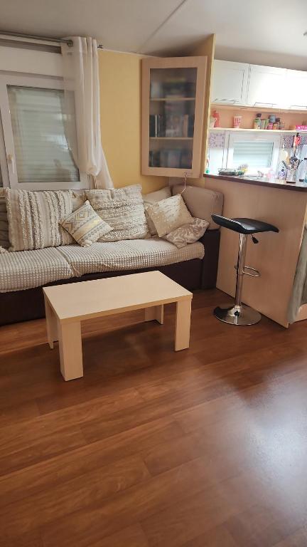 a living room with a couch and a coffee table at Mobil home 6 personnes Forêt des landes in Mimizan