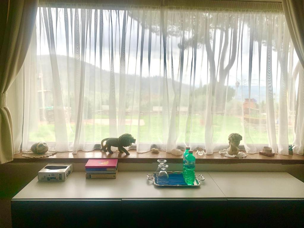 une fenêtre avec un rebord de fenêtre et des jouets. dans l'établissement La stanza col giardino, à Bagno a Ripoli