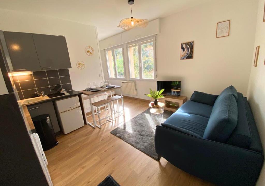 sala de estar con sofá azul y cocina en Au 45' - Poitiers - Futuroscope - La Conciergerie, en Poitiers