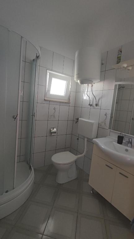 łazienka z toaletą, umywalką i prysznicem w obiekcie Apartments Ankora Vir w mieście Vir