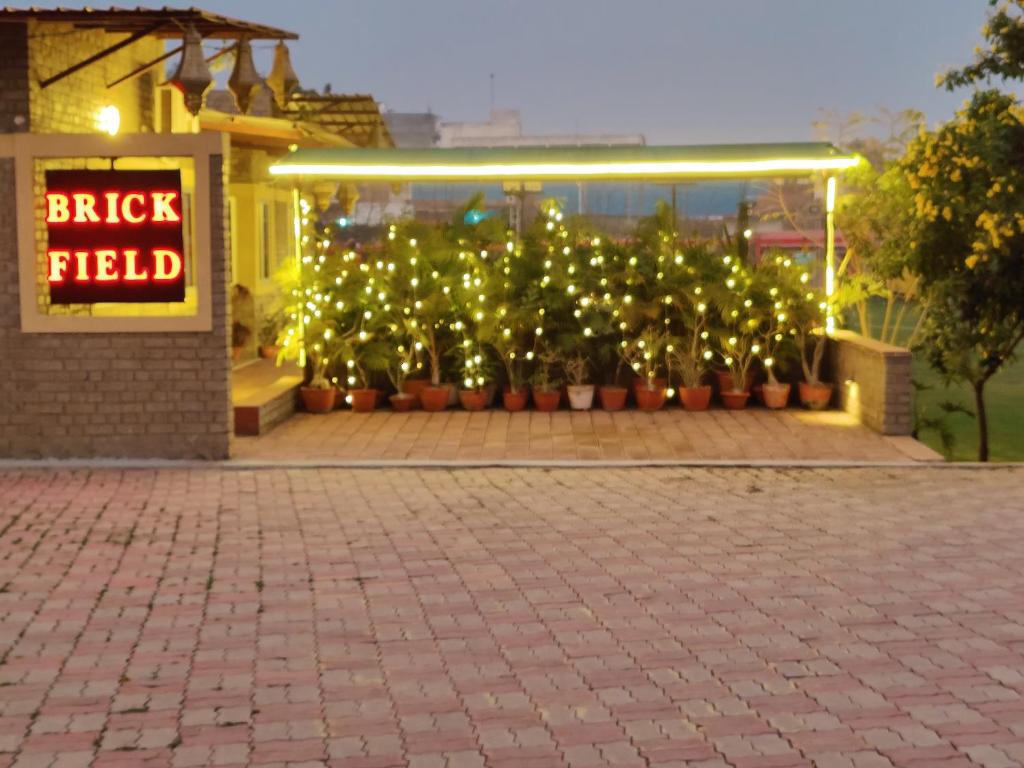 um edifício com um monte de plantas com luzes em Brick Field em Varanasi