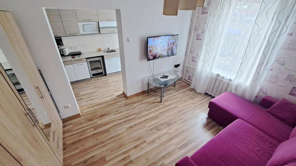 ein Wohnzimmer mit einem lila Sofa und einem Tisch in der Unterkunft Sakņu 16/18 in Daugavpils