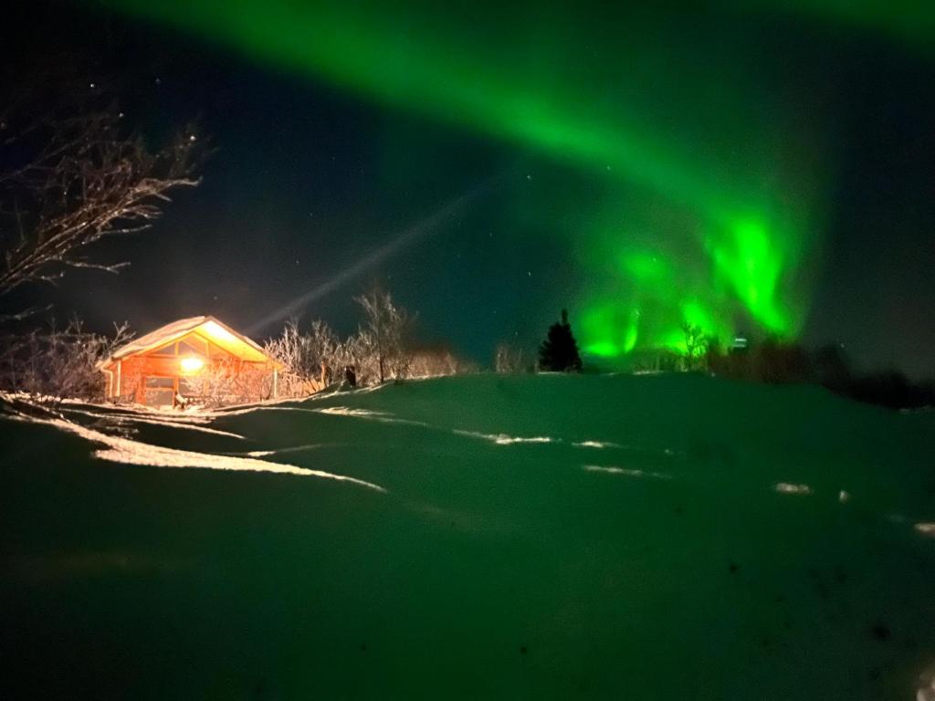 an aurora over a cabin in the snow at night at Vörðufell Country Cabin in Selfoss