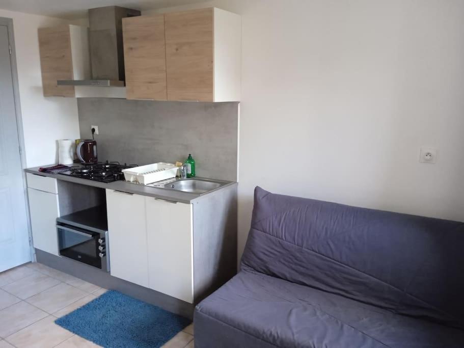 a small kitchen with a sink and a couch at Petit logement avec entrée indépendante 