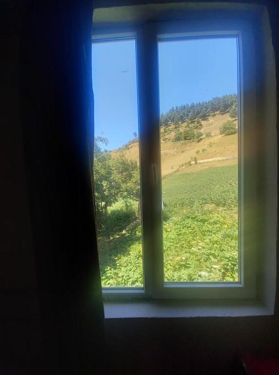 a window with a view of a field of grass at Maia's Guesthouse in Mestia