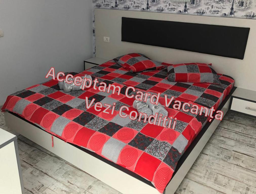 コンスタンツァにあるAndiaの赤と黒のチェック毛布付きベッド