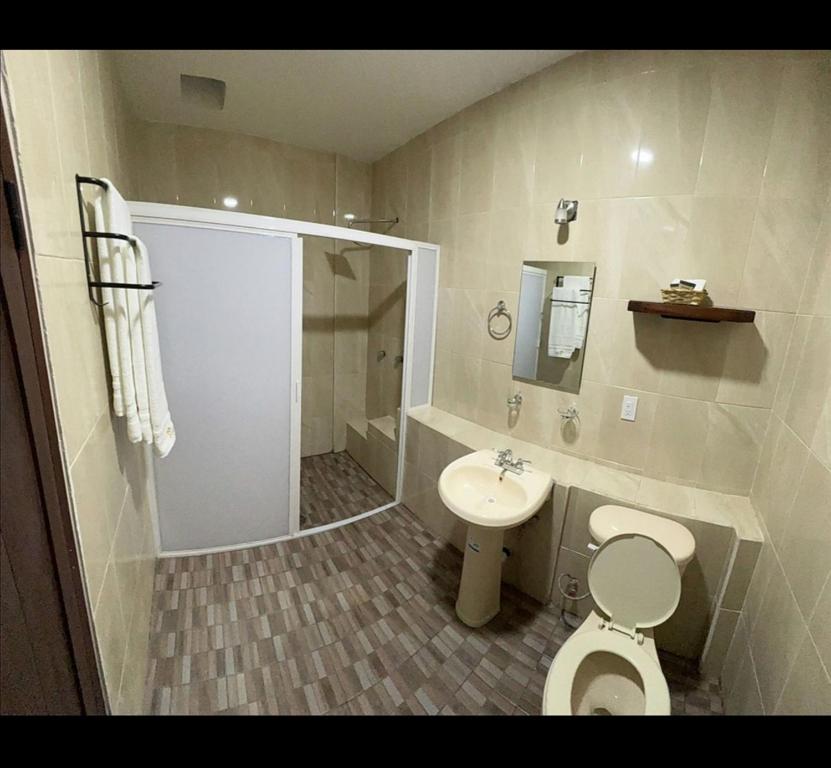 a bathroom with a toilet and a sink and a shower at Hotel Victorina de Híjar in Tequila