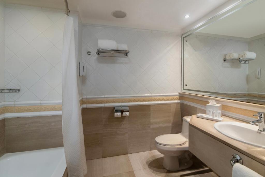 a bathroom with a toilet and a sink and a mirror at Catalonia Santo Domingo in Santo Domingo