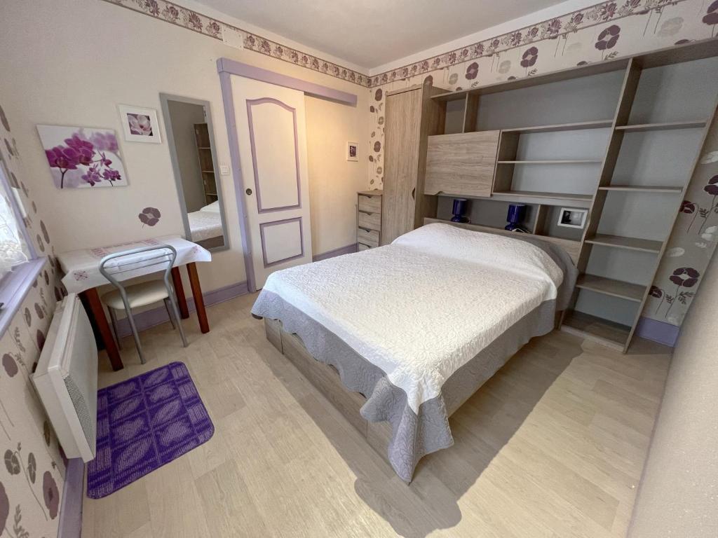 een kleine slaapkamer met een bed en een bureau bij Les Meublés du Rocher - Près du parc LE PAL in Bourbon-Lancy