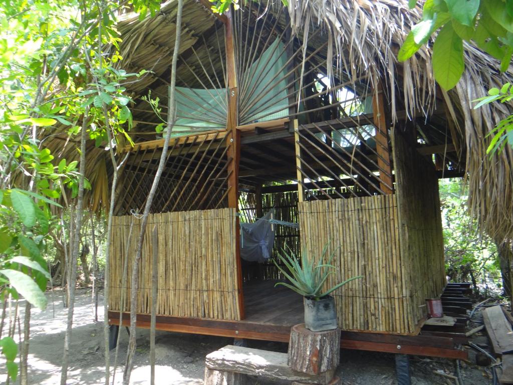 une cabane dans les arbres avec un toit de chaume dans l'établissement Eco-Camping Mango Feliz Rincón del Mar, à San Onofre