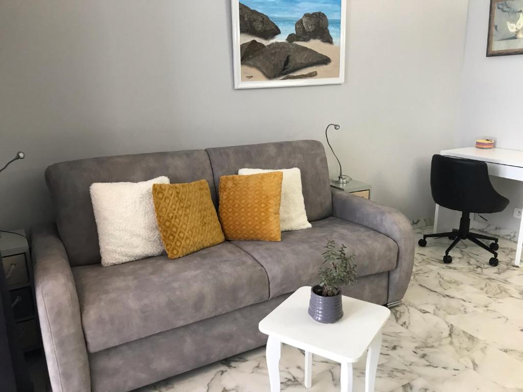 un salon avec un canapé et une table dans l'établissement Studio avec parking au calme 50m Croisette, à Cannes