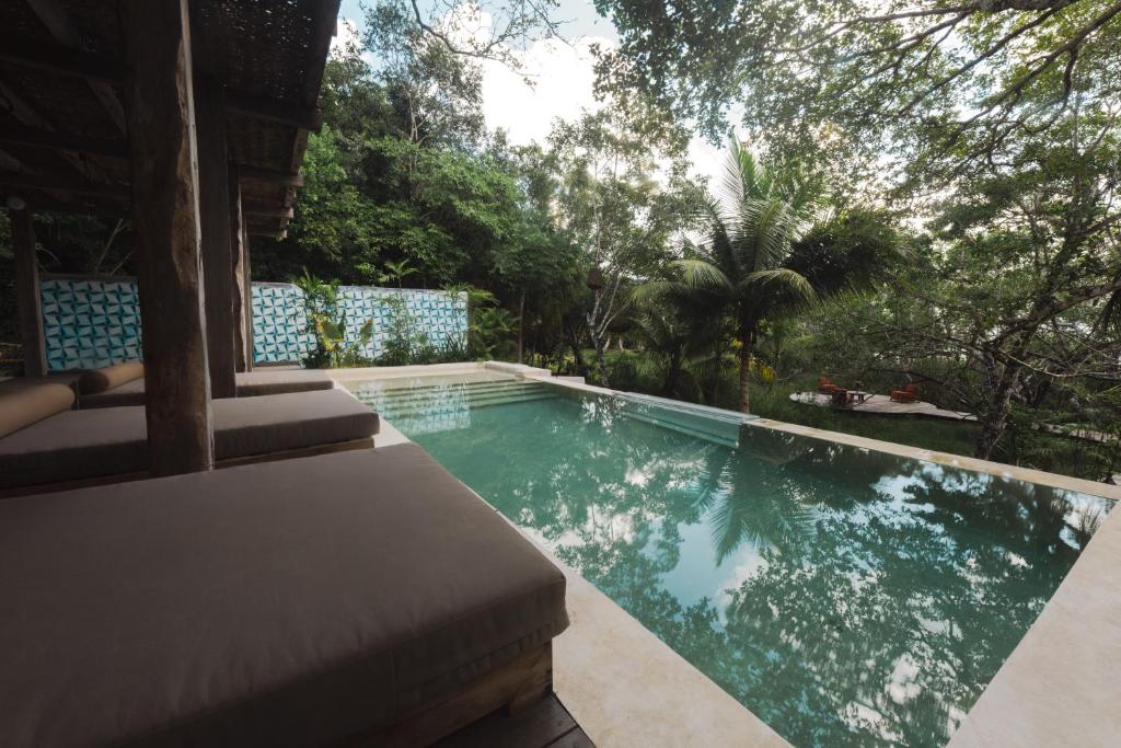 a swimming pool in a house with trees in the background at Casa Vive Bacalar in Bacalar