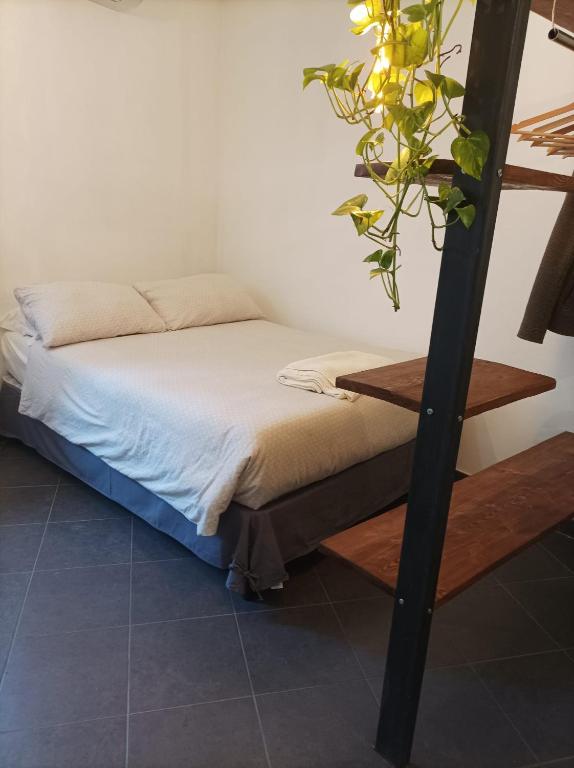 a bed in a room with a plant next to it at glamhouse in Nizza Monferrato