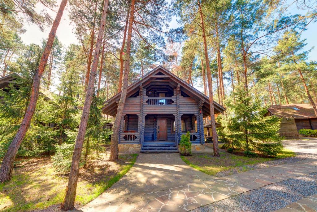 eine Blockhütte inmitten eines Waldes in der Unterkunft Partizan BeerLogovo Hotel in Romankiv