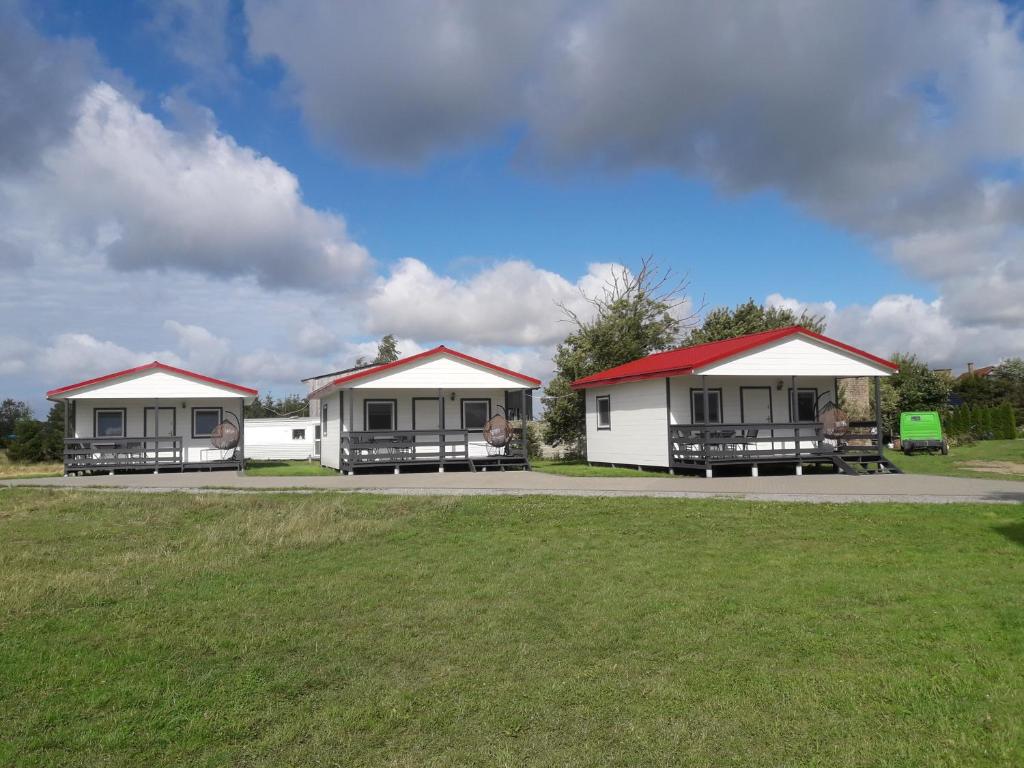 three white cottages with red roofs in a field at Domki pokoje pod Wierzba in Sarbinowo