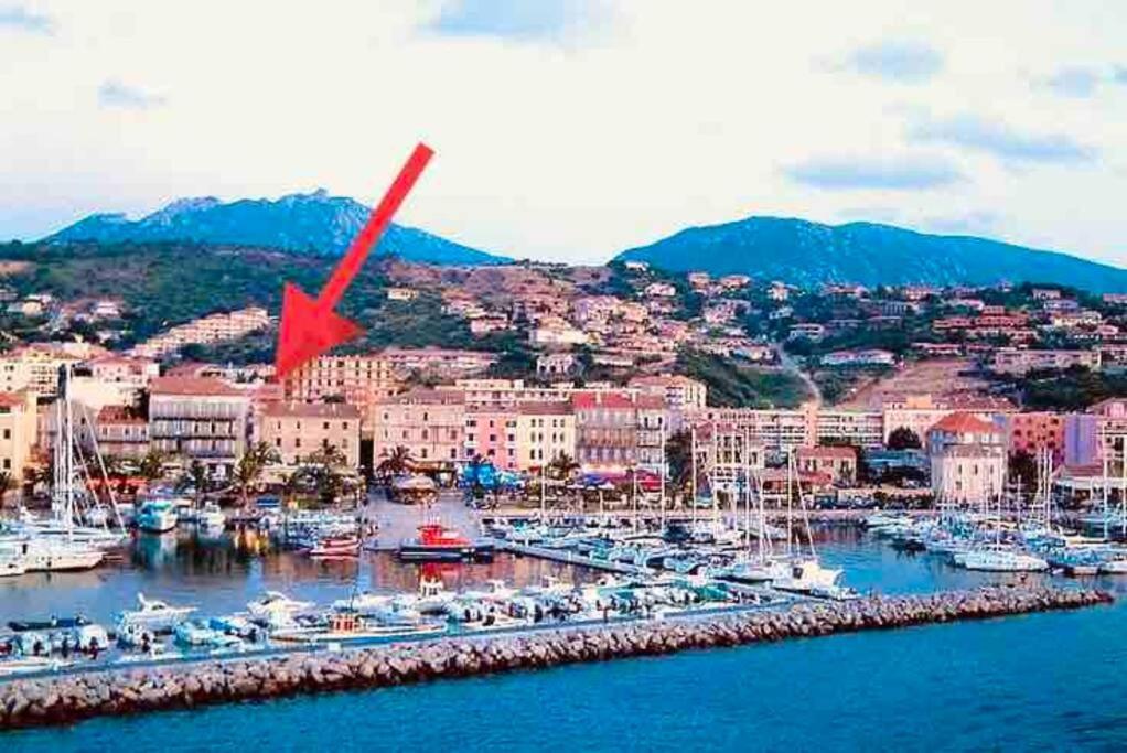 een jachthaven met boten in het water en een stad bij T2 récent climatisé à 100m du port in Propriano