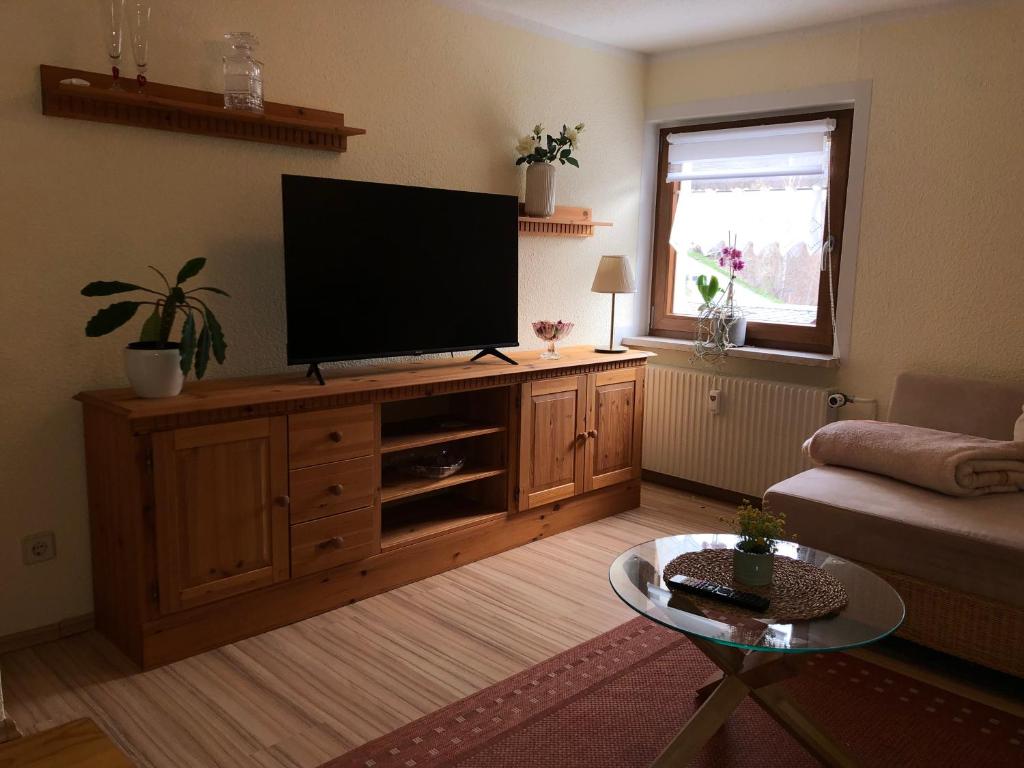a living room with a flat screen tv on a wooden entertainment center at Ferienwohnung Hänel in Antonshöhe