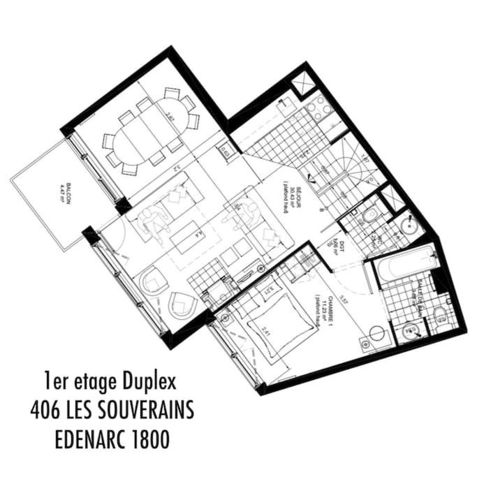 Plán poschodí v ubytovaní Confort et espace pour cet appartement Duplex de 100 m2 avec Grand Sejour expose Sud avec Cheminee, 4 chambres , Acces Direct aux Pistes de Ski et au Golf dans la residence Edenarc avec Piscine, Jacuzzi et Spa