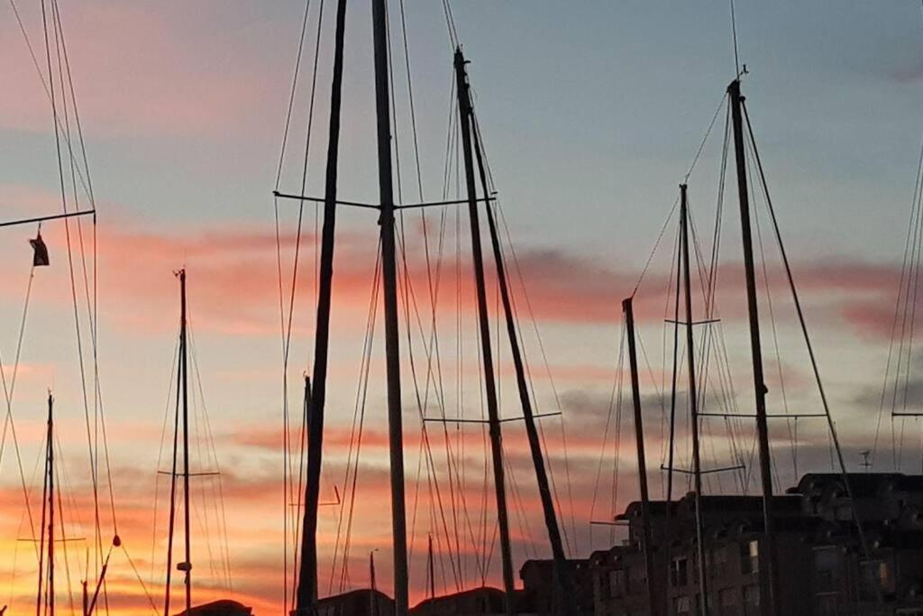 a group of sail boats in a harbor at sunset at super Voilier Eve in Gruissan