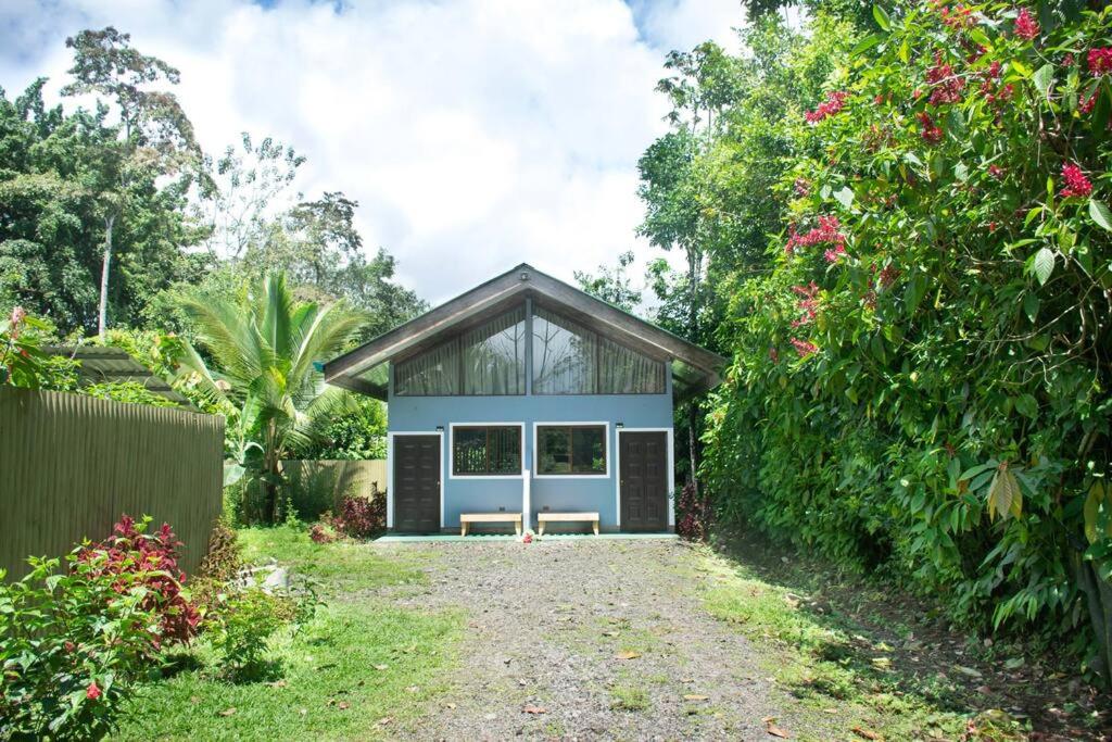 a blue house with a bench in a yard at Tinny House in La Fortuna #1 in Fortuna