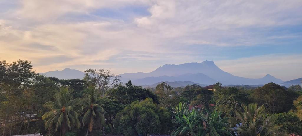 a view of a mountain in the distance with trees at Mountain View Guest House KB in Kota Belud