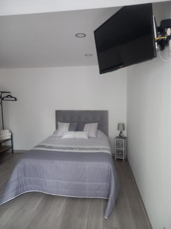 um quarto com uma cama e uma televisão de ecrã plano em Estúdio dos bonés em Nazaré