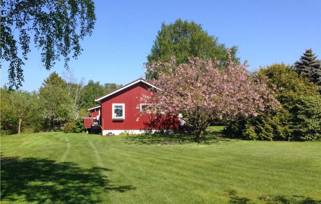 czerwona stodoła na zielonym polu z drzewem w obiekcie Stunning Home In Fagerfjll With Wifi w mieście Djupvik