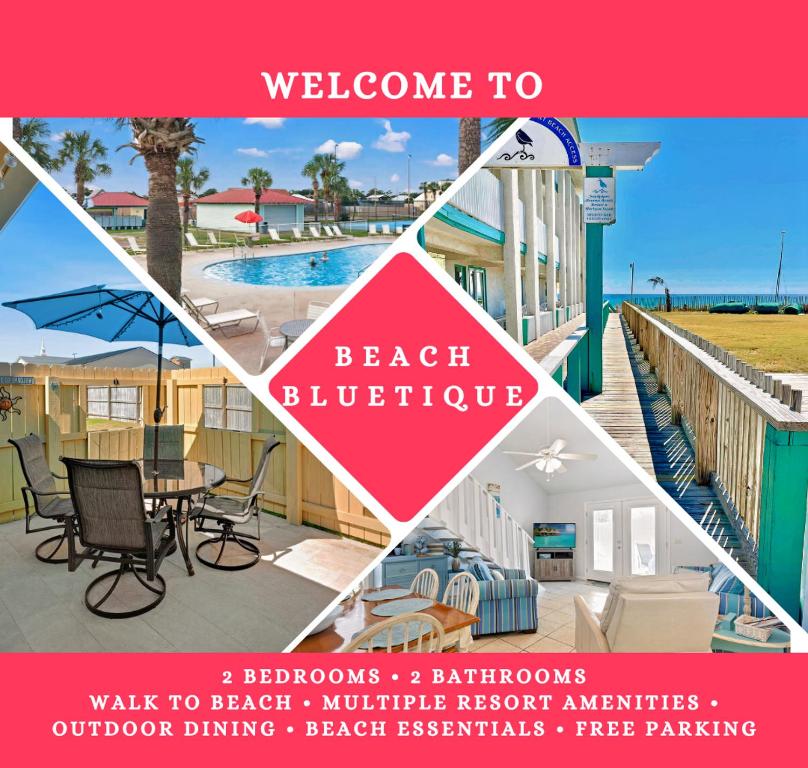 a collage of four pictures of a beach clubhouse at Chic Townhouse Steps to the Beach Outdoor Pools in Panama City Beach