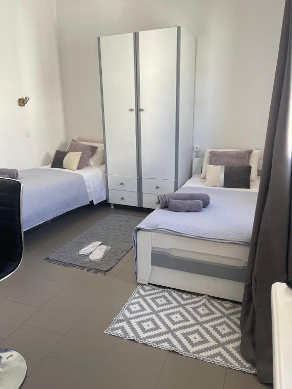 een kamer met 2 bedden, een kledingkast en een tapijt bij Dominik apartment 2 in Patmos