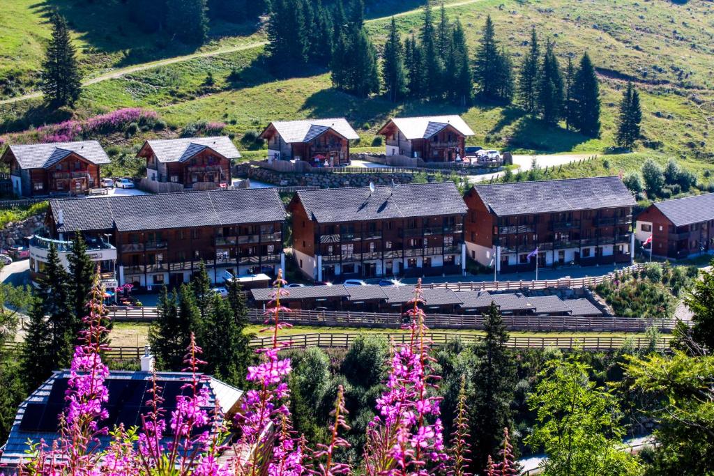 a resort in the mountains with pink flowers in the foreground at Sissi Park in Lachtal