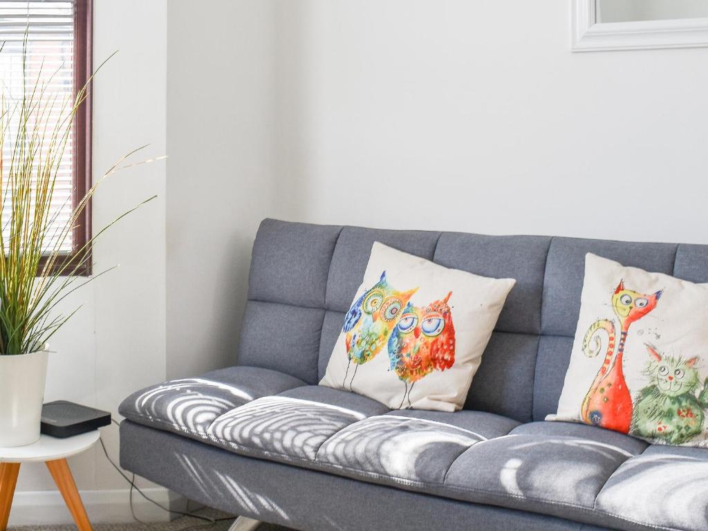 a gray couch with three owls pillows on it at High Street Apartment in Kessingland