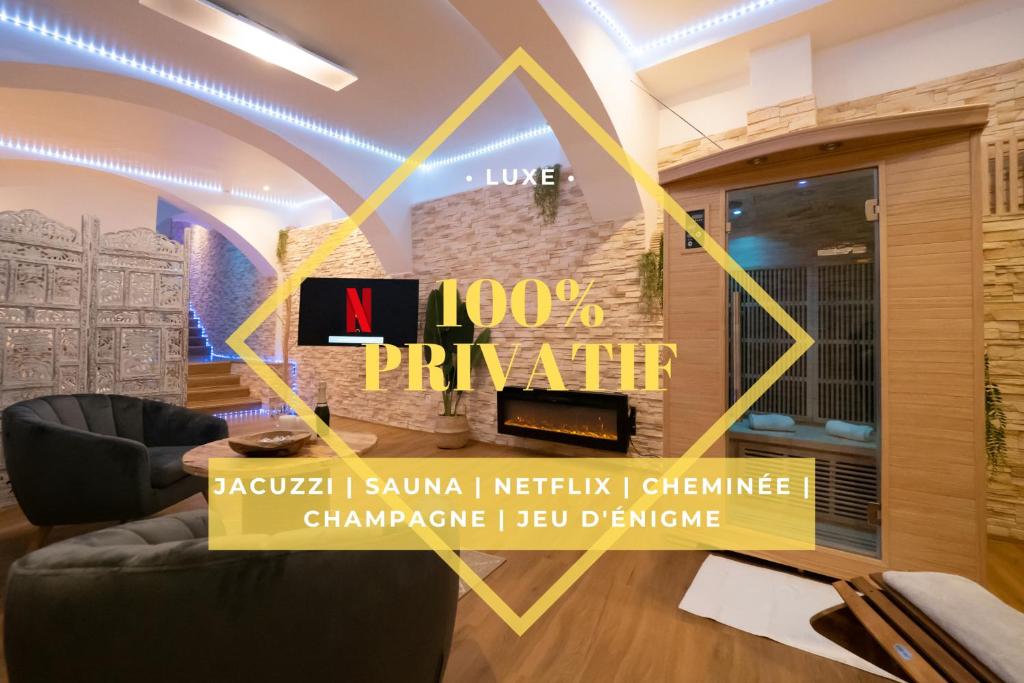 a room with a table with a sign that reads n private at Le Spa de la Cathédrale - Jacuzzi - Sauna - Champagne - Netflix - Wifi in Troyes