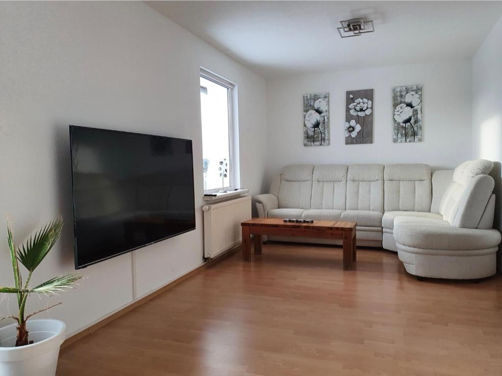 a living room with a large flat screen tv at NEU Elizahaus-Ringbergblick Suhl in Suhl