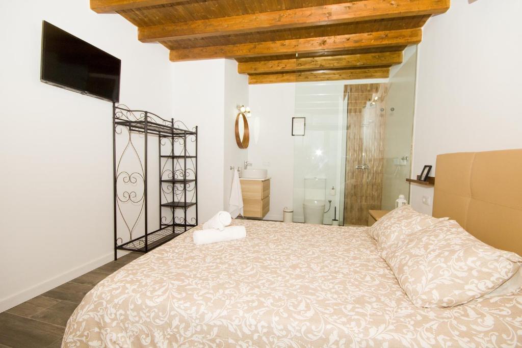 a bedroom with a large bed and a shower at Los Alonsos - Open Mall in Arrecife