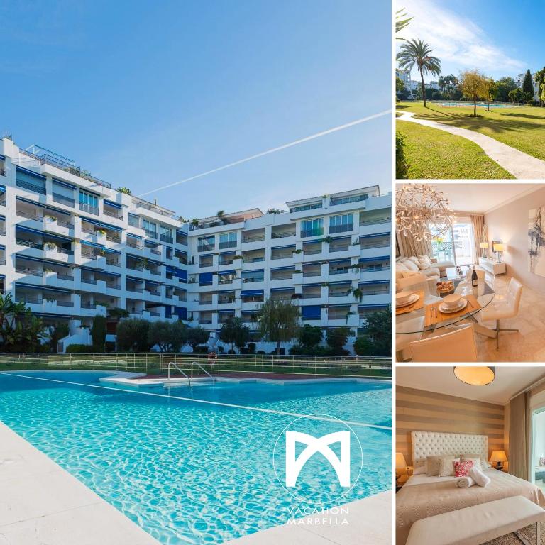 kolaż zdjęć hotelu i basenu w obiekcie VACATION MARBELLA I Brand New Terrazas de Banús Apt, 24-7 Security, a minute from the Marina, The Sea and Luxury Shopping w Marbelli