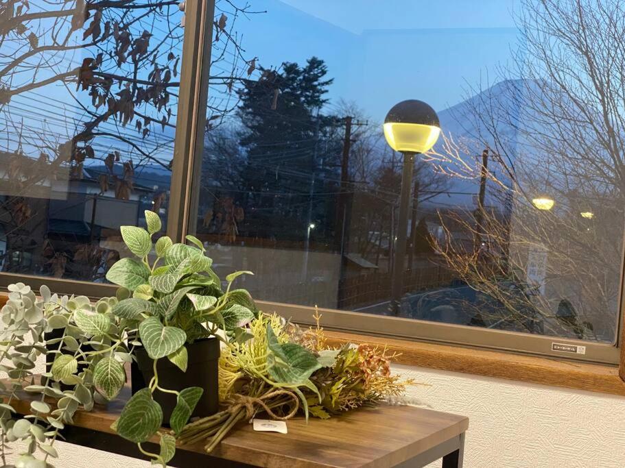 a window with a table with plants and a lamp at FTH Moon Light 3min to Sta. in Shimo-yoshida