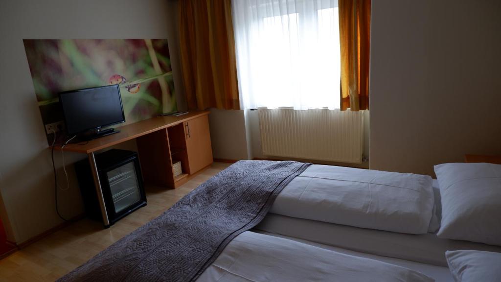 ein Hotelzimmer mit einem Bett und einem TV in der Unterkunft Gasthof Pils in Eschenau