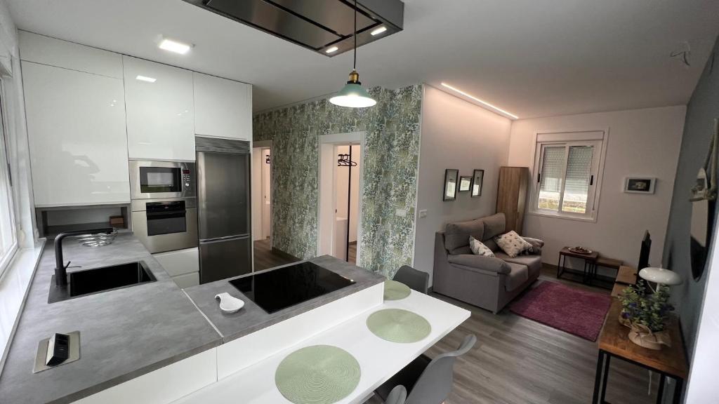 a large kitchen and living room with a white counter top at Jabego2 in Sarria