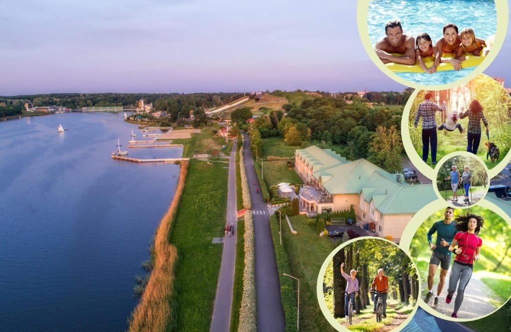a collage of photos of people standing around a lake at Hotel HP Park Poznań Malta Sport in Poznań