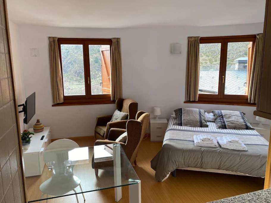 a bedroom with a bed and a glass table at Bonito estudio/vistas montaña/zona teletrabajo/pkg in Soldeu